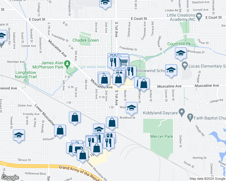 map of restaurants, bars, coffee shops, grocery stores, and more near 1020 2nd Avenue in Iowa City
