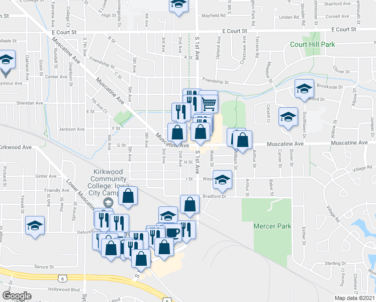 map of restaurants, bars, coffee shops, grocery stores, and more near 1020 2nd Avenue in Iowa City