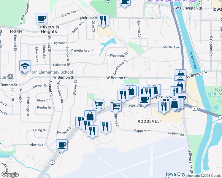 map of restaurants, bars, coffee shops, grocery stores, and more near 814 Benton Drive in Iowa City