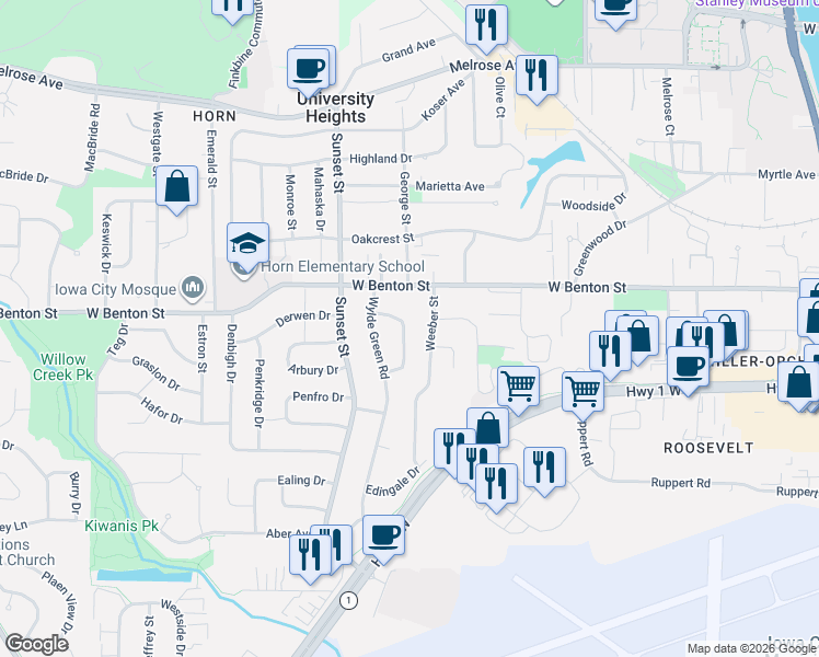 map of restaurants, bars, coffee shops, grocery stores, and more near 914 Talwrn Court in Iowa City
