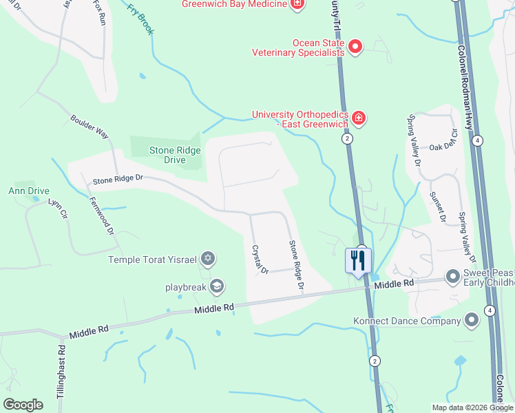 map of restaurants, bars, coffee shops, grocery stores, and more near 110 Stone Ridge Drive in East Greenwich