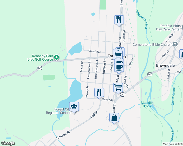 map of restaurants, bars, coffee shops, grocery stores, and more near 131-149 Depot Street in Forest City