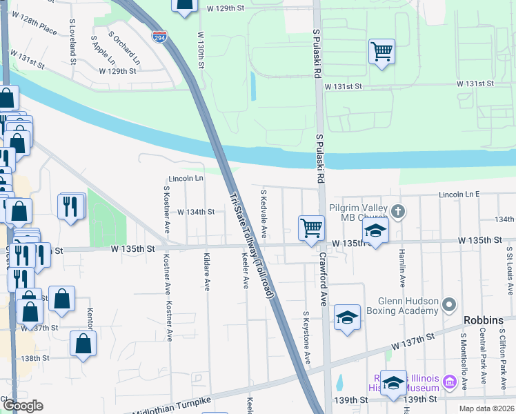 map of restaurants, bars, coffee shops, grocery stores, and more near 13337 Keeler Avenue in Robbins