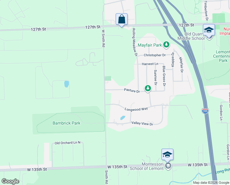 map of restaurants, bars, coffee shops, grocery stores, and more near 16672 Pasture Drive in Lemont