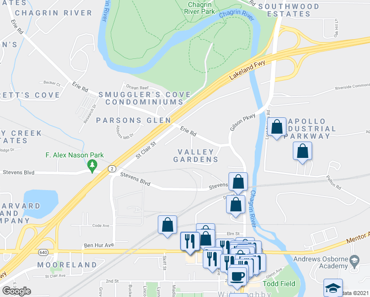 map of restaurants, bars, coffee shops, grocery stores, and more near 3630 Hillward Drive in Willoughby