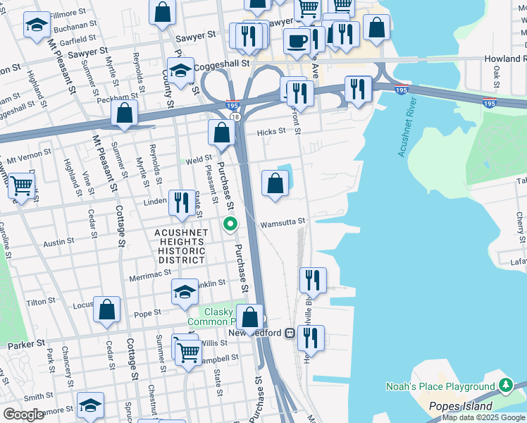 map of restaurants, bars, coffee shops, grocery stores, and more near 75 Wamsutta Street in New Bedford
