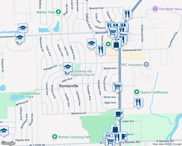 map of restaurants, bars, coffee shops, grocery stores, and more near 515 Everette Avenue in Romeoville