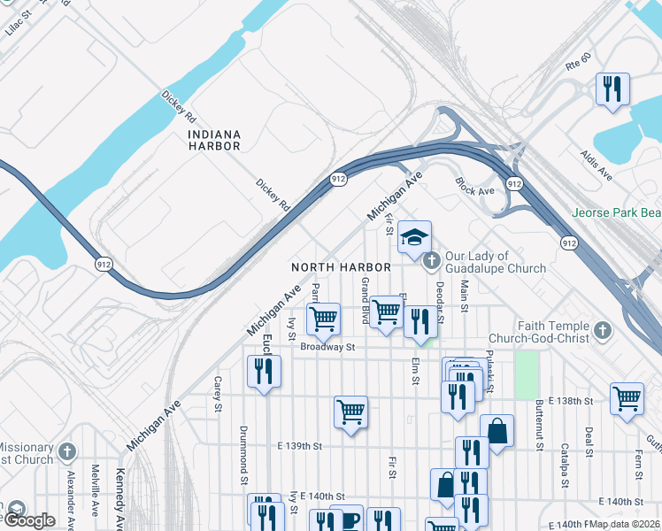 map of restaurants, bars, coffee shops, grocery stores, and more near 3486 Michigan Avenue in Hammond