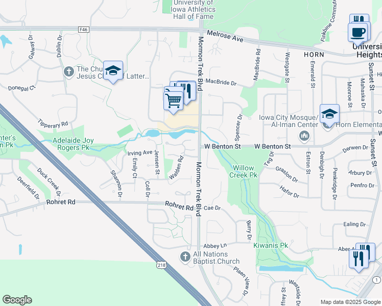 map of restaurants, bars, coffee shops, grocery stores, and more near 2441 Shady Glen Court in Iowa City