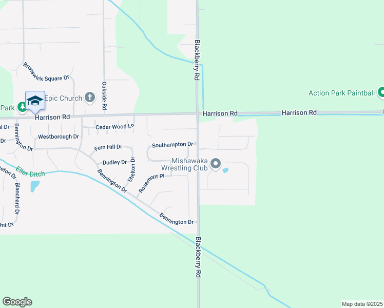 map of restaurants, bars, coffee shops, grocery stores, and more near 4051 Stonegate Drive in Mishawaka
