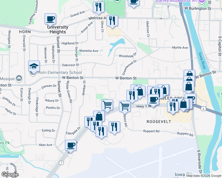 map of restaurants, bars, coffee shops, grocery stores, and more near 28 Harlocke Place in Iowa City