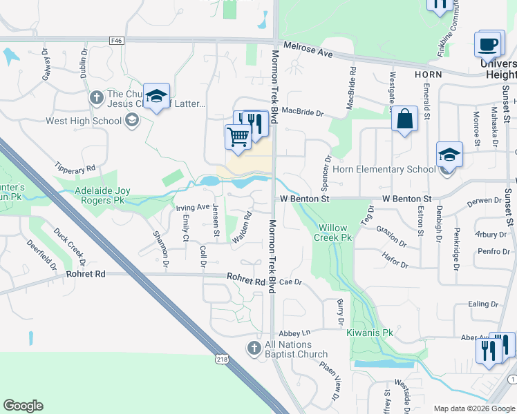 map of restaurants, bars, coffee shops, grocery stores, and more near 2444 Shady Glen Court in Iowa City
