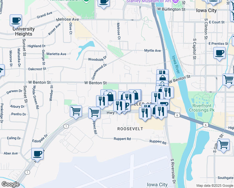 map of restaurants, bars, coffee shops, grocery stores, and more near 154 Prairie Hill Lane in Iowa City