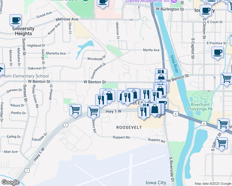 map of restaurants, bars, coffee shops, grocery stores, and more near 154 Prairie Hill Lane in Iowa City