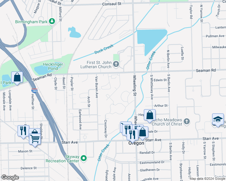 map of restaurants, bars, coffee shops, grocery stores, and more near 2506 Seaman Road in Toledo