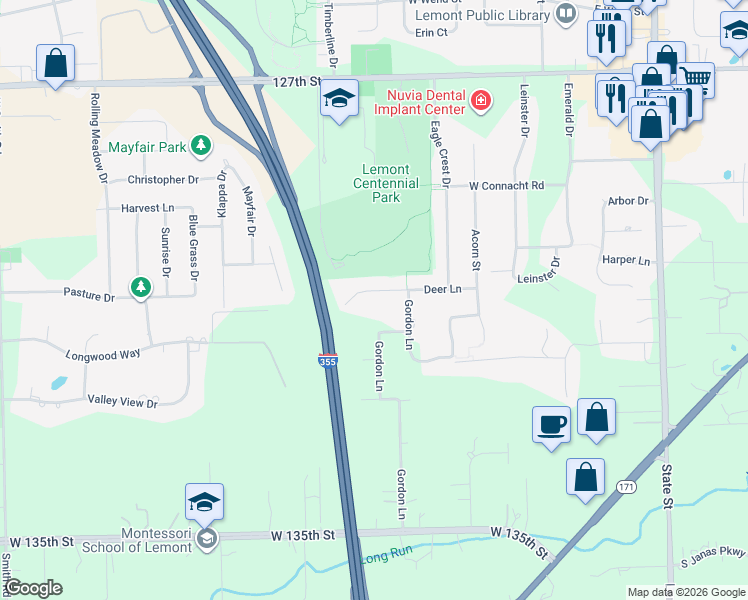 map of restaurants, bars, coffee shops, grocery stores, and more near 70 Deer Lane in Lemont