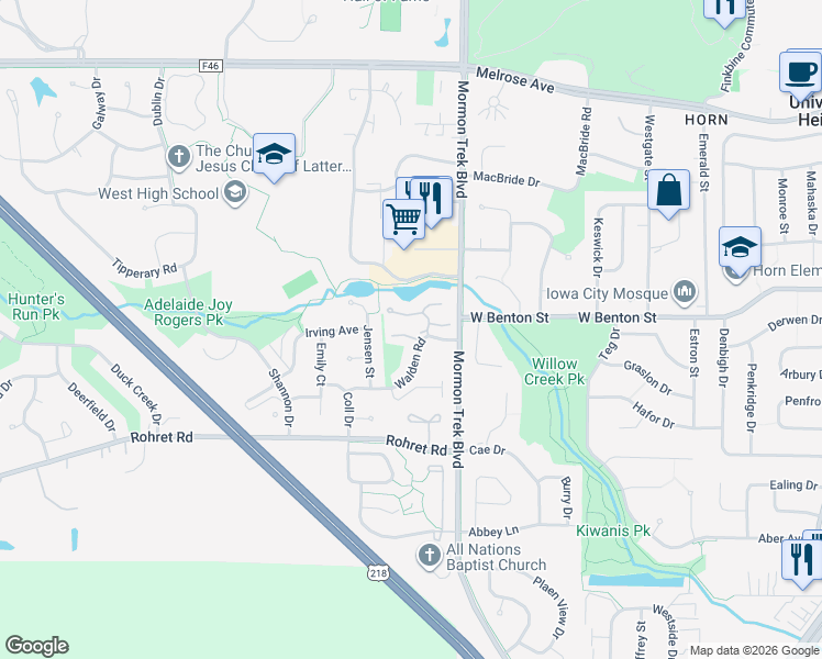 map of restaurants, bars, coffee shops, grocery stores, and more near 2529 Sylvan Glen Court in Iowa City