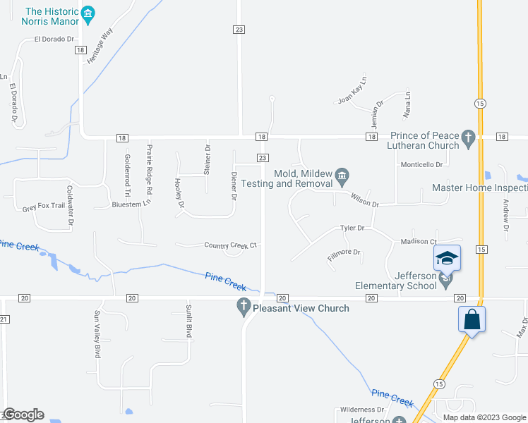 map of restaurants, bars, coffee shops, grocery stores, and more near 58244 County Road 23 in Goshen