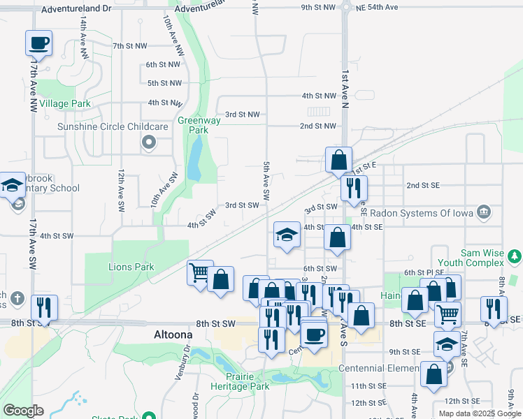 map of restaurants, bars, coffee shops, grocery stores, and more near 300 5th Avenue Southwest in Altoona