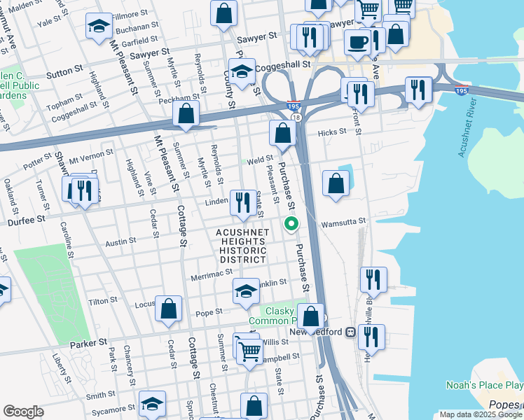map of restaurants, bars, coffee shops, grocery stores, and more near 198 State Street in New Bedford