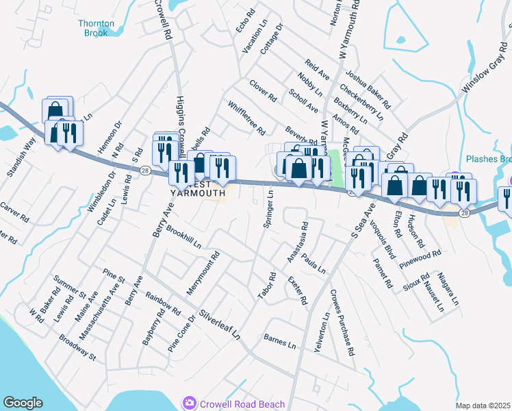 map of restaurants, bars, coffee shops, grocery stores, and more near 27A Springer Lane in Yarmouth