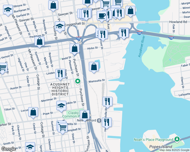 map of restaurants, bars, coffee shops, grocery stores, and more near 61 Wamsutta Street in New Bedford