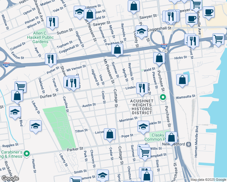 map of restaurants, bars, coffee shops, grocery stores, and more near 22 Collins Street in New Bedford