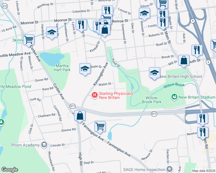 map of restaurants, bars, coffee shops, grocery stores, and more near 98 Clinic Drive in New Britain