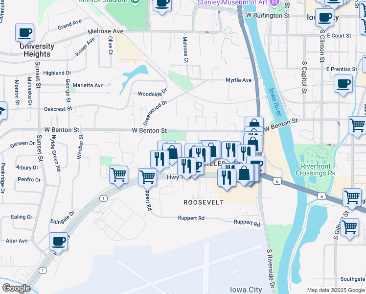map of restaurants, bars, coffee shops, grocery stores, and more near 940 Miller Avenue in Iowa City