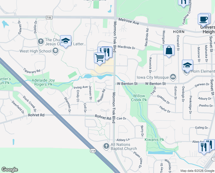 map of restaurants, bars, coffee shops, grocery stores, and more near 2444 Shady Glen Court in Iowa City