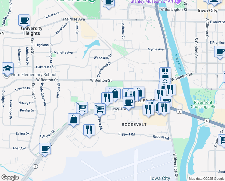 map of restaurants, bars, coffee shops, grocery stores, and more near 113 Prairie Hill Lane in Iowa City
