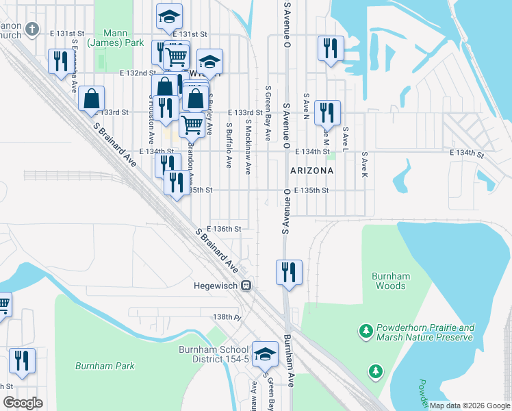 map of restaurants, bars, coffee shops, grocery stores, and more near 13539 South Mackinaw Avenue in Chicago