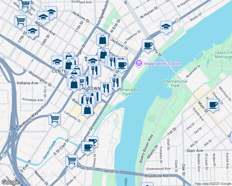 map of restaurants, bars, coffee shops, grocery stores, and more near 126 North Summit Street in Toledo