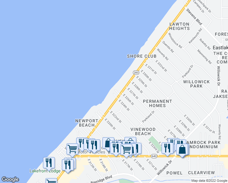 map of restaurants, bars, coffee shops, grocery stores, and more near 123 East 324th Street in Willowick