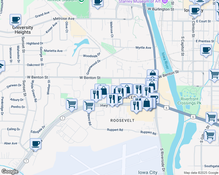map of restaurants, bars, coffee shops, grocery stores, and more near 156 Prairie Hill Lane in Iowa City