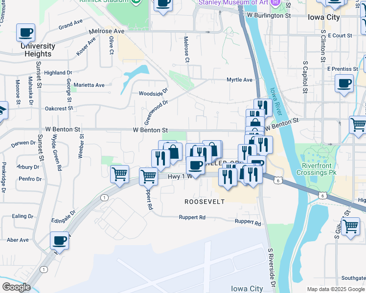 map of restaurants, bars, coffee shops, grocery stores, and more near 156 Prairie Hill Lane in Iowa City