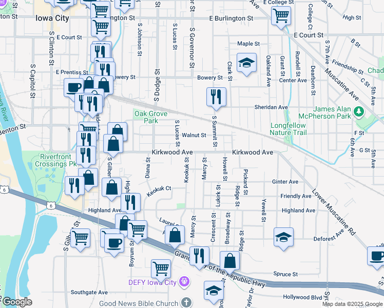 map of restaurants, bars, coffee shops, grocery stores, and more near 829 Kirkwood Avenue in Iowa City