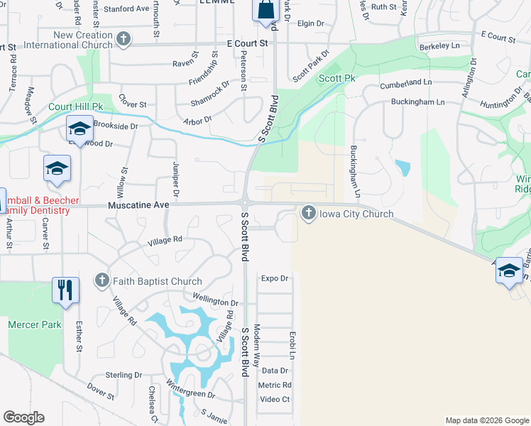 map of restaurants, bars, coffee shops, grocery stores, and more near 1020 South Scott Boulevard in Iowa City