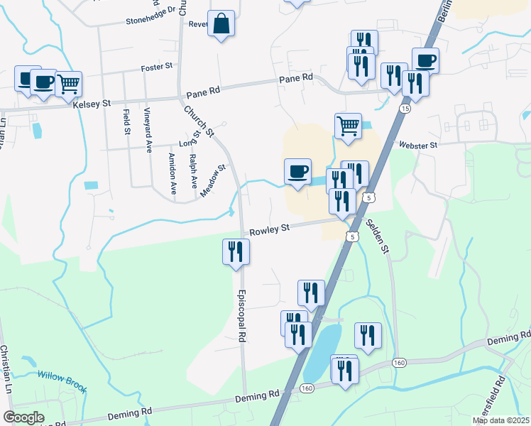 map of restaurants, bars, coffee shops, grocery stores, and more near 130 Rowley Street in Newington
