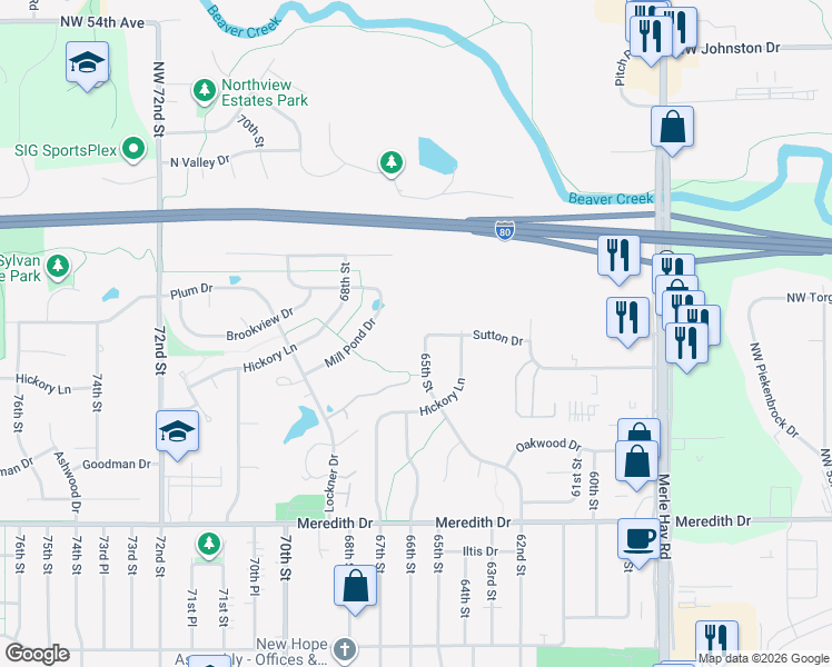 map of restaurants, bars, coffee shops, grocery stores, and more near 6418 Sutton Drive in Urbandale