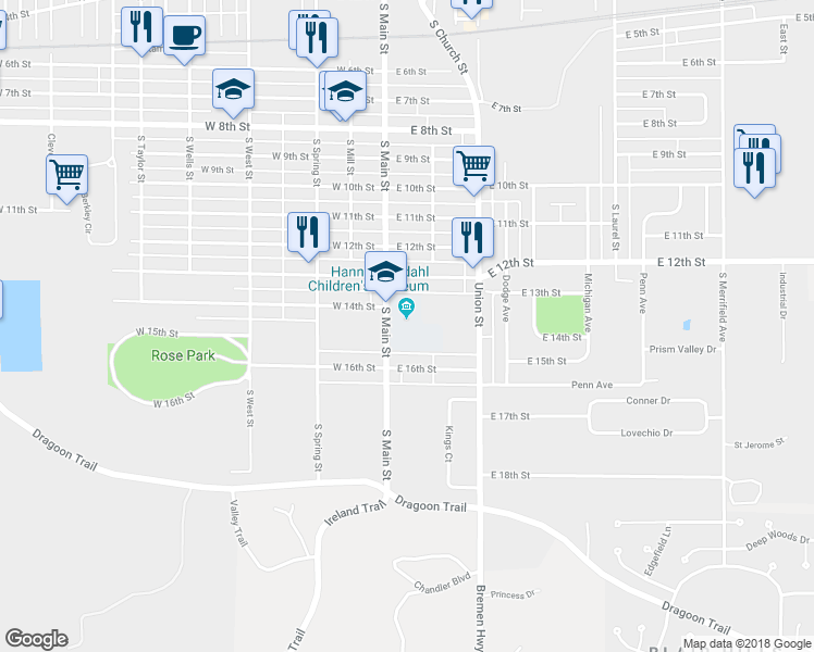 map of restaurants, bars, coffee shops, grocery stores, and more near 1306 South Main Street in Mishawaka