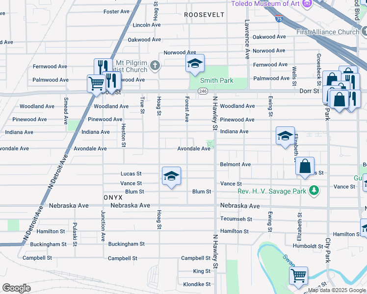 map of restaurants, bars, coffee shops, grocery stores, and more near 1055 Avondale Avenue in Toledo