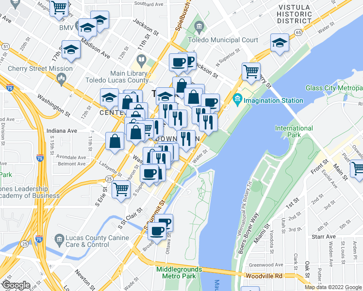 map of restaurants, bars, coffee shops, grocery stores, and more near 401 Jefferson Avenue in Toledo