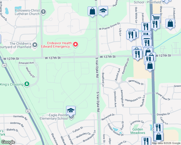 map of restaurants, bars, coffee shops, grocery stores, and more near 12700-12862 South Van Dyke Road in Plainfield