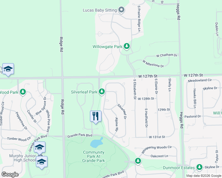 map of restaurants, bars, coffee shops, grocery stores, and more near 26516 Silverleaf Drive in Plainfield