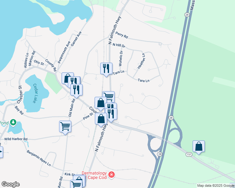 map of restaurants, bars, coffee shops, grocery stores, and more near 14 Pebble Lane in Falmouth