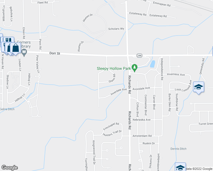 map of restaurants, bars, coffee shops, grocery stores, and more near 4345 Glann Road in Toledo