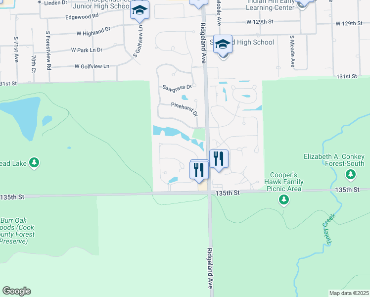 map of restaurants, bars, coffee shops, grocery stores, and more near 4105 Spyglass Circle in Palos Heights