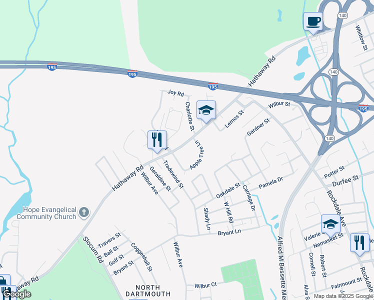 map of restaurants, bars, coffee shops, grocery stores, and more near 147 Apple Tree Lane in New Bedford