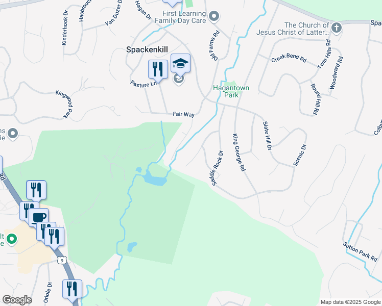 map of restaurants, bars, coffee shops, grocery stores, and more near 17 Old Mill Drive in Poughkeepsie